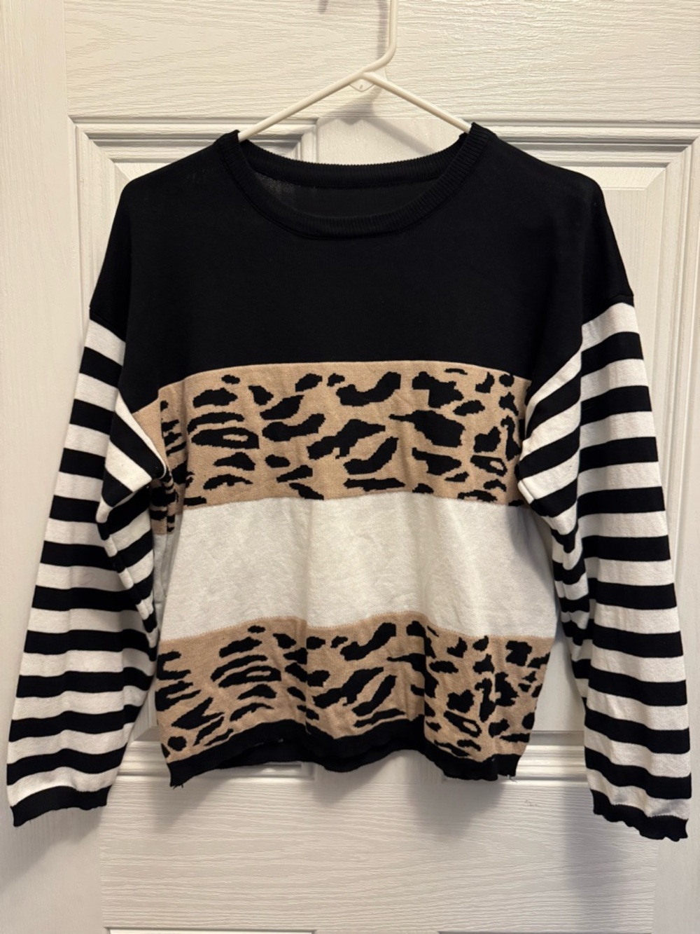 Striped Sleeve Leopard Colorblock Sweater - Black/Tan/White